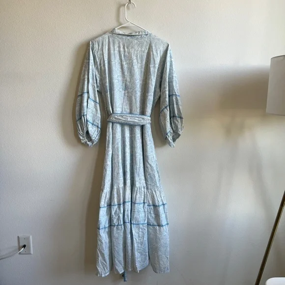 Sue Sartor India Amory Floral Midi Tie Waist Dress Blue White Size Small - Picture 10 of 10